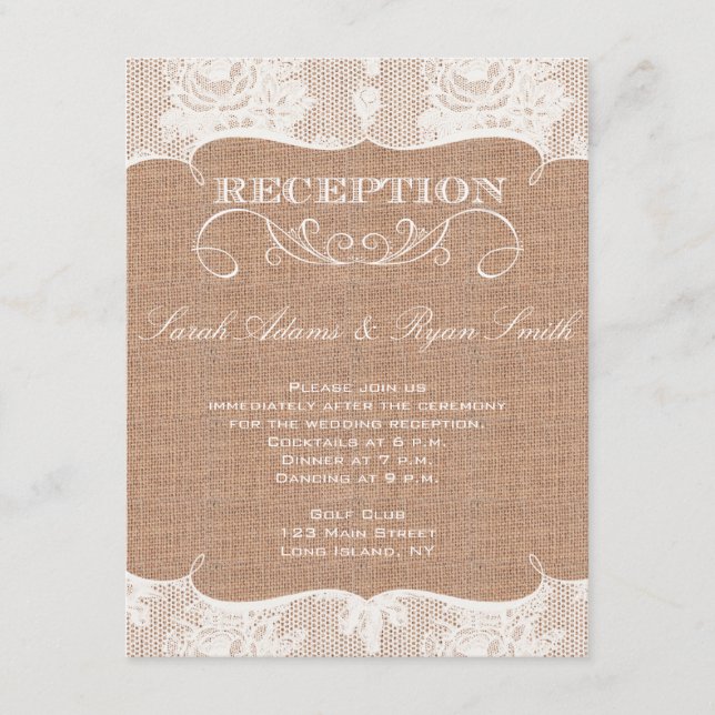 Carte D'accompagnement Rustic Burlap Imprimer & Dentelle Réception Invita (Devant)