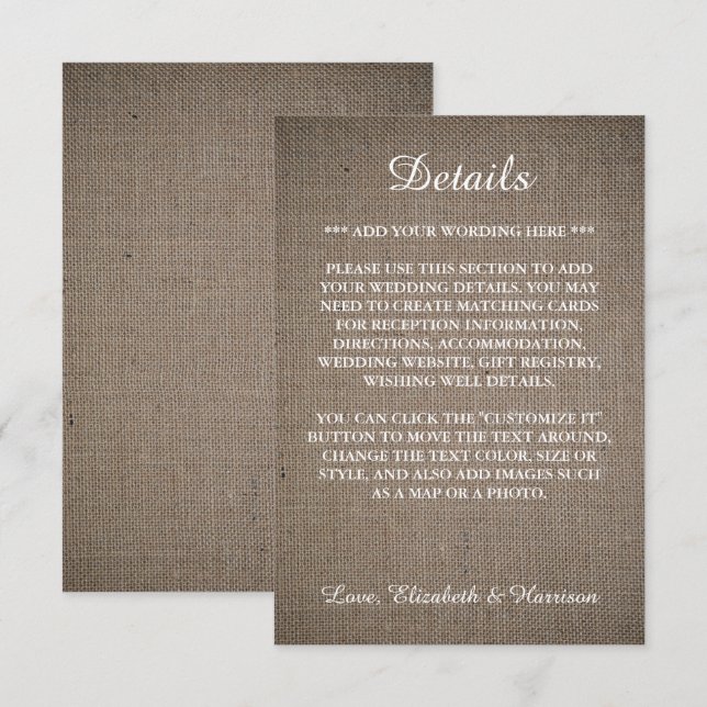 Carte D'accompagnement Rustic Burlap Mariage Détail (Devant / Derrière)