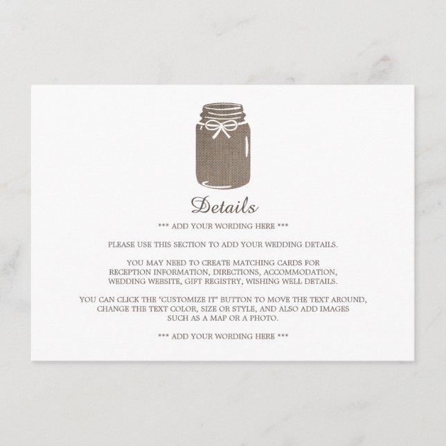 Carte D'accompagnement Rustic Burlap Mason Jar Détail du Mariage (Devant)