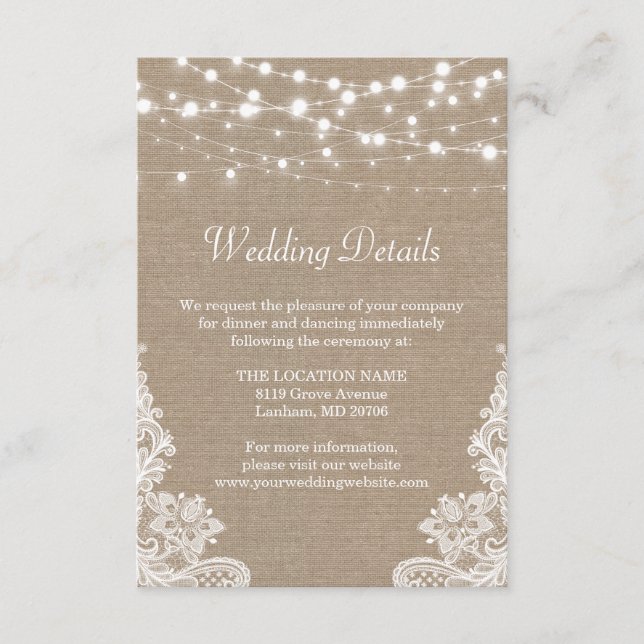 Carte D'accompagnement Rustic Burlap String Lights Lace Détails du Mariag (Devant)