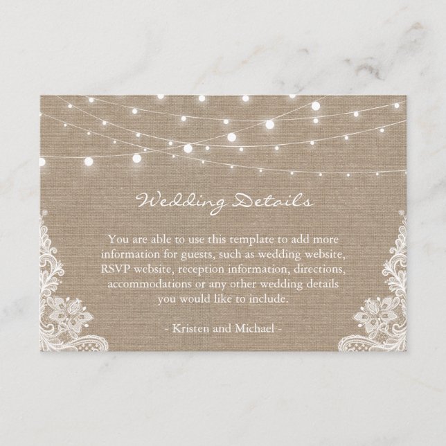 Carte D'accompagnement Rustic Burlap String Lights Lace Détails du Mariag (Devant)