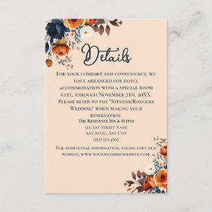 Carte D'accompagnement Rustic Burnt Orange et Mariage bleu Détails