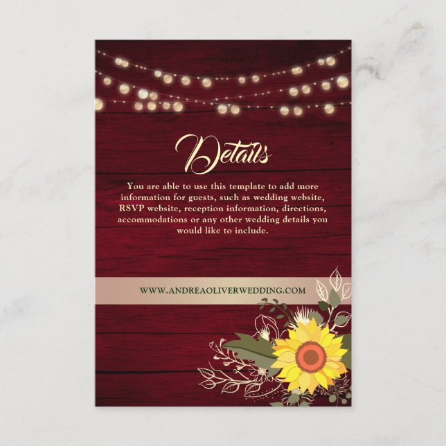 Carte D'accompagnement Rustic Country Sunflower Détails du Mariage (Devant)