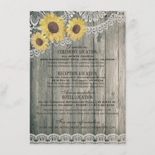 Carte D'accompagnement Rustic Country Wood Sunflower dentelle Mariage Dét (Devant)