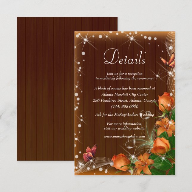 Carte D'accompagnement Rustic Dark Wood Orange Floral Détails Mariage (Devant / Derrière)