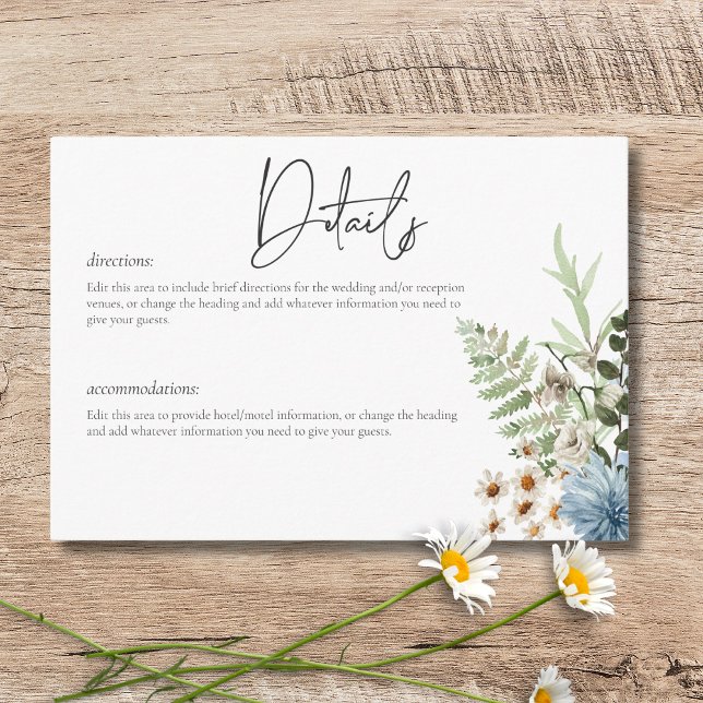 Carte D'accompagnement Rustic Dusty Blue Fleurs sauvages & marguerites Dé (Rustic Dusty Blue Wildflowers & Daisies Details Enclosure Card)