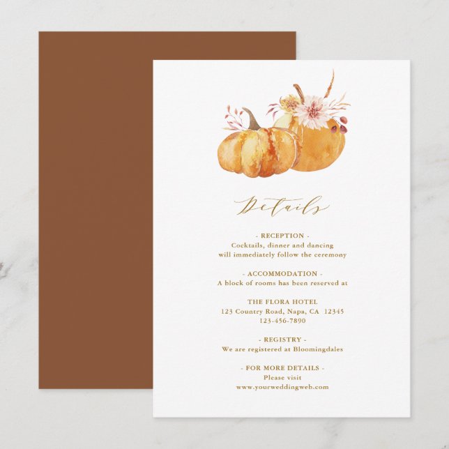 Carte D'accompagnement Rustic Fall Floral Citrouille Détails Mariage Or (Devant / Derrière)