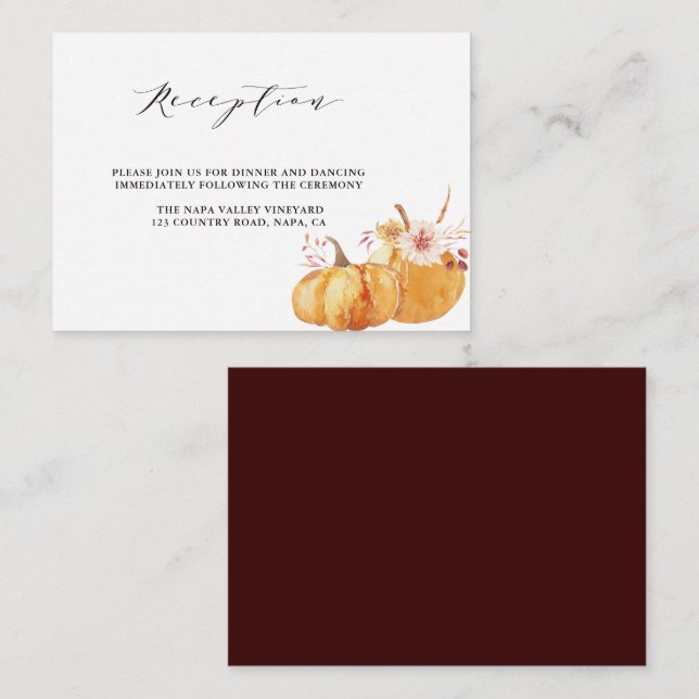 Carte D'accompagnement Rustic Fall Gold Floral Citrouille Réception de ma (Devant / Derrière)