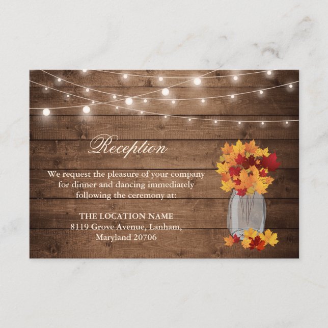 Carte D'accompagnement Rustic Fall Laisses String Light Mariage Réception (Devant)