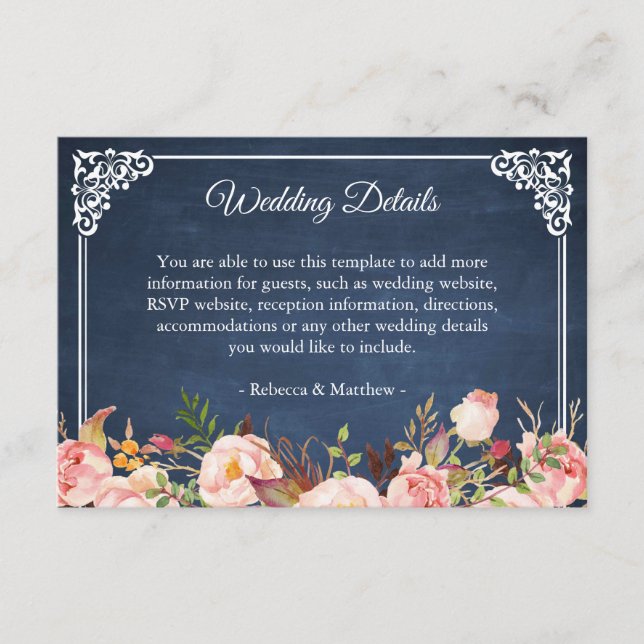 Carte D'accompagnement Rustic Floral Blue Chalkboard Détails du Mariage (Devant)