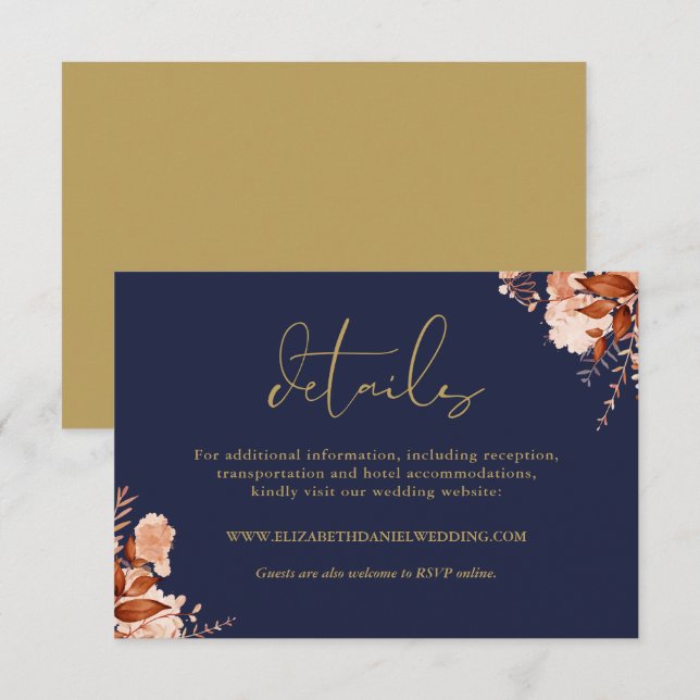 Carte D'accompagnement Rustic Floral Navy Blue And Gold Détails du Mariag (Devant / Derrière)