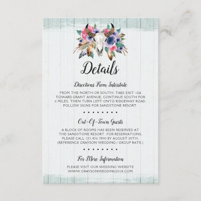 Carte D'accompagnement Rustic Floral Vache Skull Boho Détails / Direction (Devant)