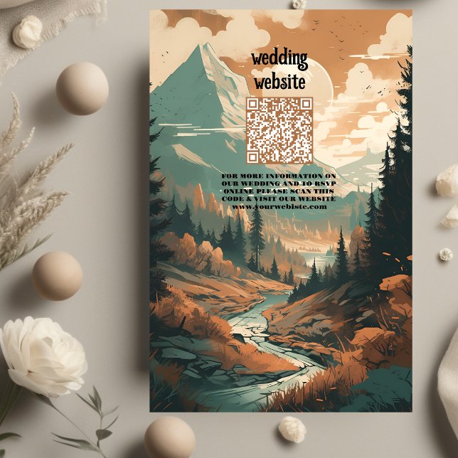Carte D'accompagnement Rustic Mountain Forest Code QR Mariage À feuillage (Créateur téléchargé)
