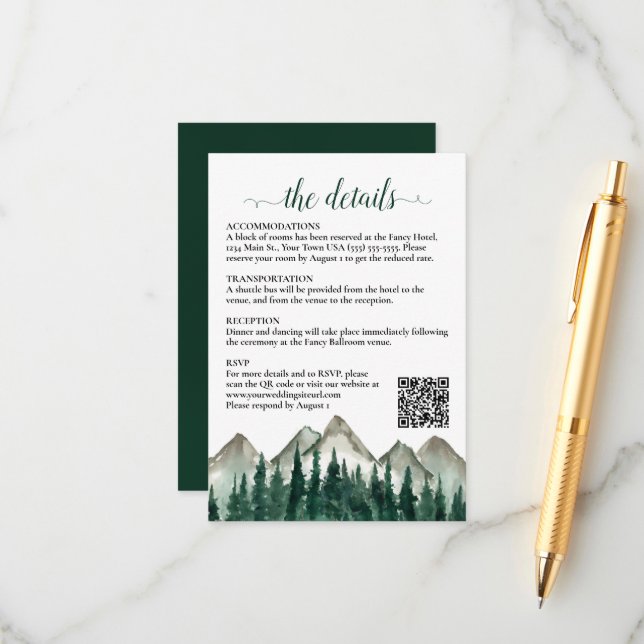 Carte D'accompagnement Rustic Mountains & Pine Détails du Mariage QR Code (Devant/Arrière en situation)