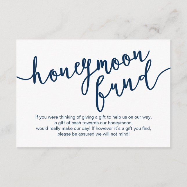 Carte D'accompagnement Rustic Navy Blue Script, Mariage Honeymoon Fund (Devant)