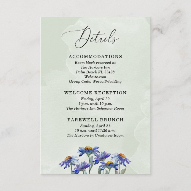 Carte D'accompagnement Rustic Sage Green & Purple Daisies Détails du Mari (Devant)