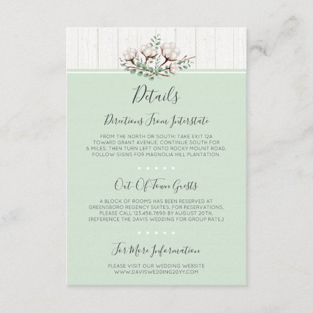 Carte D'accompagnement Rustic Southern Cotton & Wood Détails / Directions (Devant)
