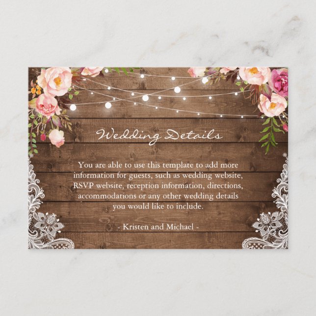 Carte D'accompagnement Rustic String Lights Floral Lace Détails du Mariag (Devant)
