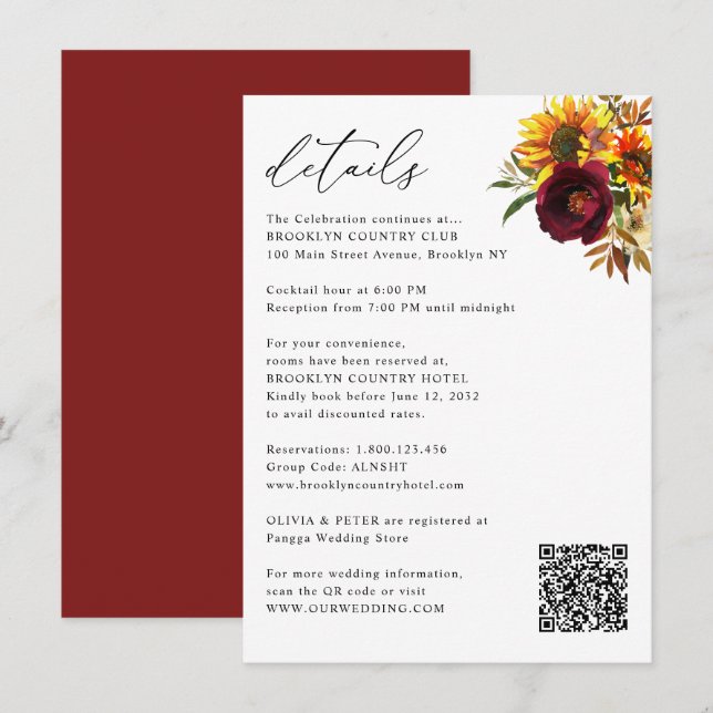 Carte D'accompagnement Rustic Sunflower Automne Bourgogne Détails Mariage (Devant / Derrière)