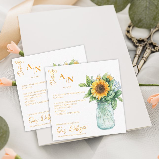 Carte D'accompagnement Rustic Sunflower Mason Jar Détails du Mariage (Rustic Sunflower Mason Jar Wedding Details Enclosure Card)