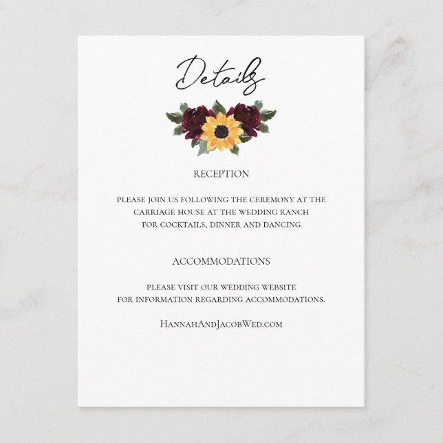Carte D'accompagnement Rustic Sunflower Roses Détails du Mariage (Devant)