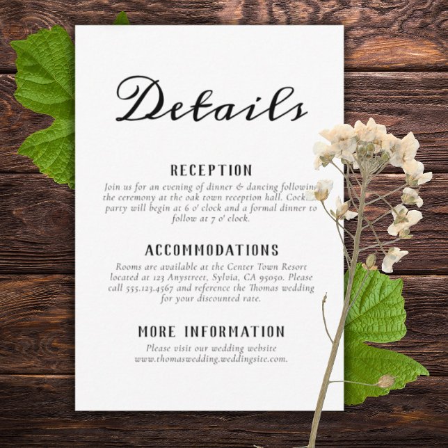 Carte D'accompagnement Rustic Vineyard Script Mariage (simple minimalist vineyard details wedding card enclosure with flower and grape leaves)