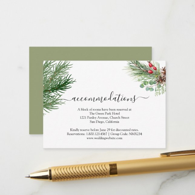 Carte D'accompagnement Rustic Winter Berry Pine Mariage de verdure (Devant/Arrière en situation)