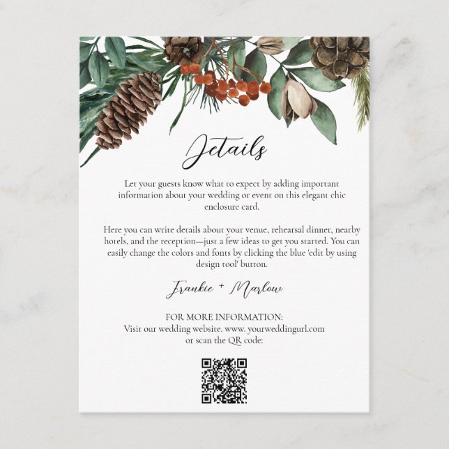 Carte D'accompagnement Rustic Winter Greenery Détails du Mariage QR Websi (Devant)