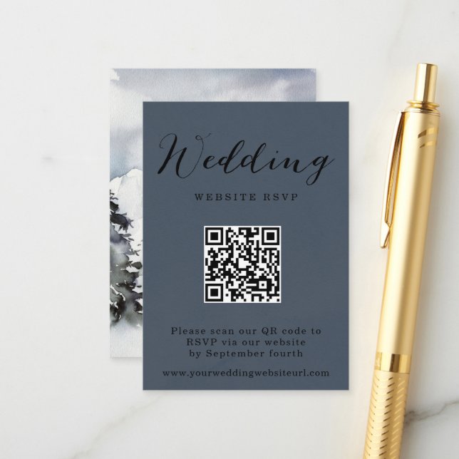 Carte D'accompagnement Rustic Winter Mountain Code QR Réponse du Mariage (Devant/Arrière en situation)
