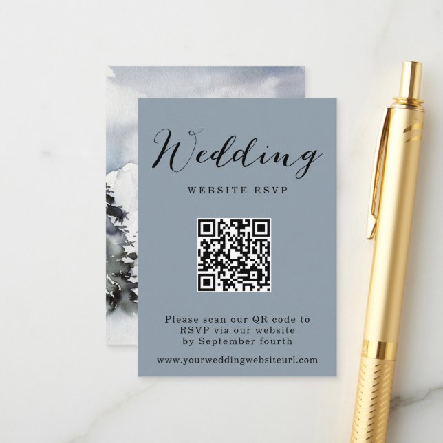 Carte D'accompagnement Rustic Winter Mountain Code QR Réponse du Mariage (Devant/Arrière en situation)