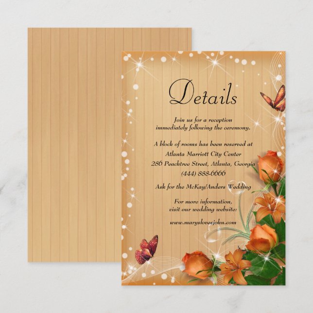 Carte D'accompagnement Rustic Wood Orange Floral Butterfly Mariage Détail (Devant / Derrière)