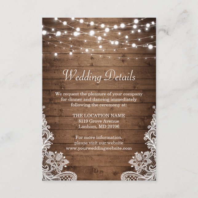 Carte D'accompagnement Rustic Wood Twinkle Lights Lace Détails du Mariage (Devant)