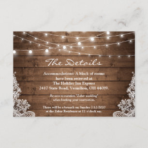 Carte D'accompagnement Rustic Wood Twinkle Lights Lace Détails du Mariage