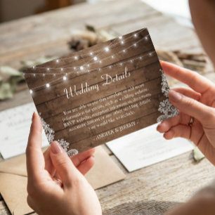Carte D'accompagnement Rustic Wood Twinkle Lights Lace Détails du Mariage