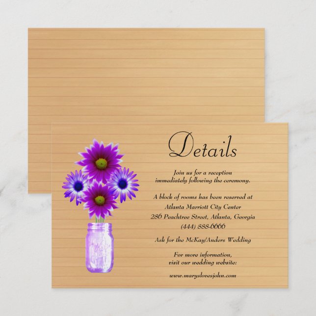 Carte D'accompagnement Rustic Wood violet Floral Mason Jar Mariage Détail (Devant / Derrière)