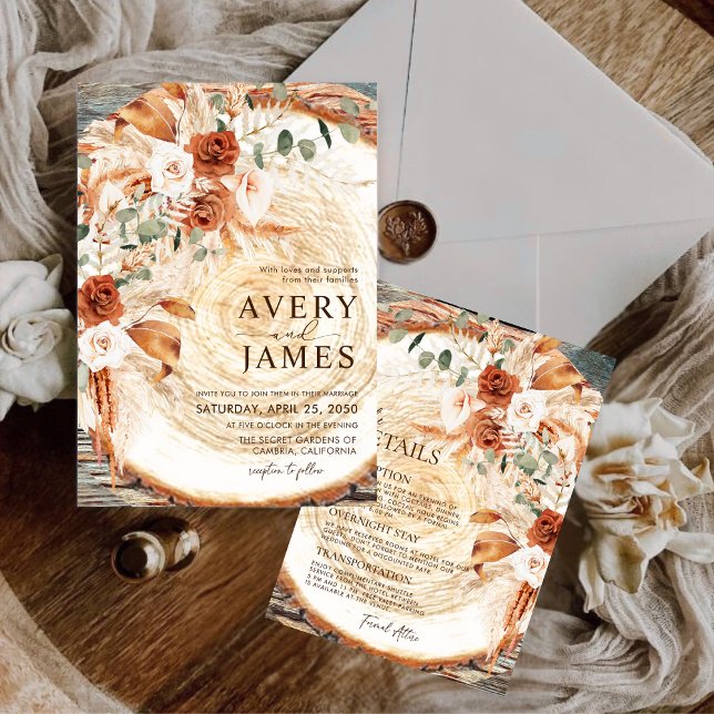 Carte D'accompagnement Rustic Wood Wedding Details – Boho Pampas Info  (Créateur téléchargé)