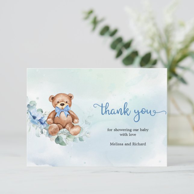 Carte D'accompagnement Rustique bleu clair Floral Merci Ours en Teddy (Debout devant)