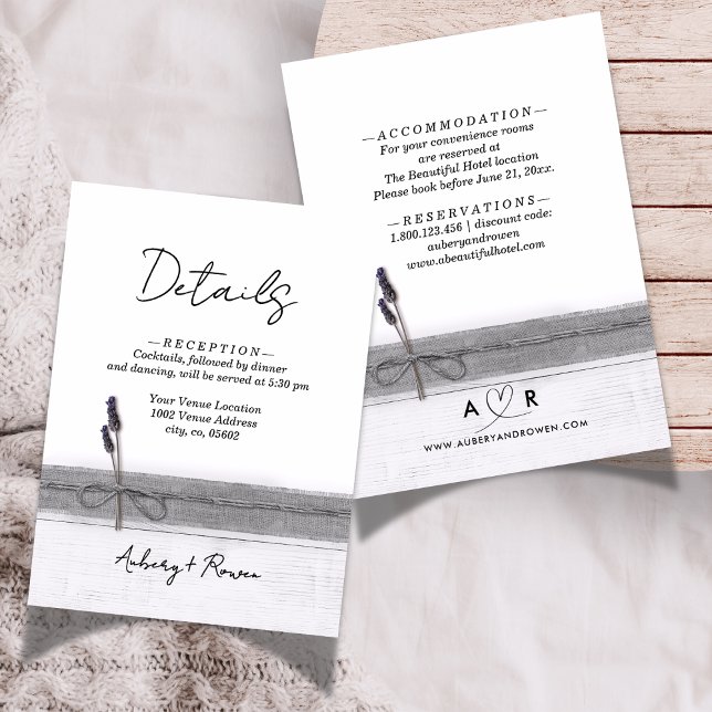 Carte D'accompagnement Rustique Boho Burlap Wood Lavender Détails du Mari (Créateur téléchargé)