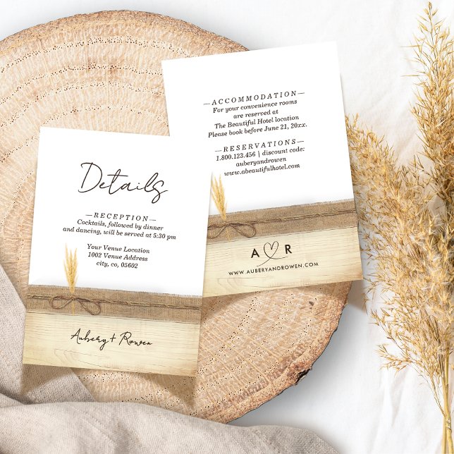 Carte D'accompagnement Rustique Boho Burlap Wood Pampass Détails du Maria (Créateur téléchargé)