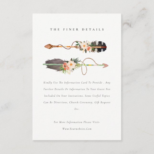 Carte D'accompagnement Rustique Boho Feather Floral Flèche Détails du Mar (Devant)