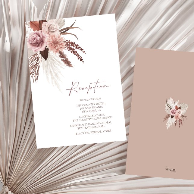 Carte D'accompagnement Rustique Boho Pampas Grass Mariage en terre cuite (Boho Dusty Pink Dried Flowers Wedding Reception Enclosure Card)