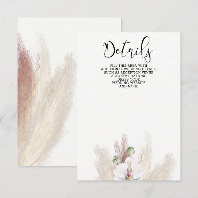 Carte D'accompagnement Rustique Boho Pampas Grass White Orchid Mariage (Devant / Derrière)