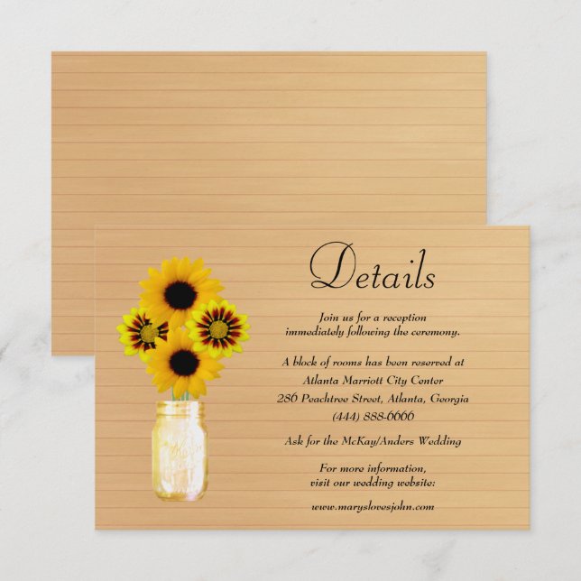 Carte D'accompagnement Rustique Bois Jaune Floral Mason Jar Mariage Détai (Devant / Derrière)