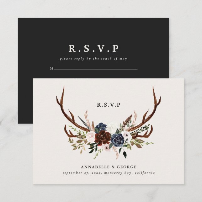 Carte D'accompagnement Rustique bordeaux mariage botanique floral (Devant / Derrière)