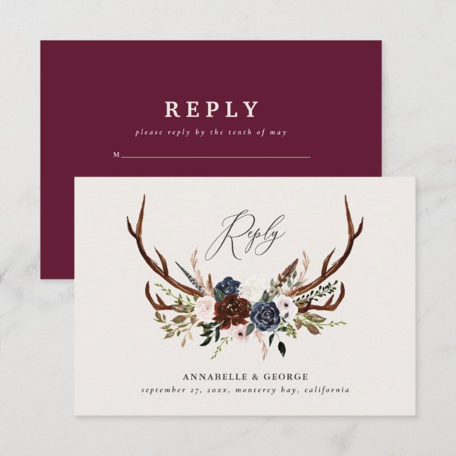 Carte D'accompagnement Rustique bordeaux mariage botanique floral (Devant / Derrière)