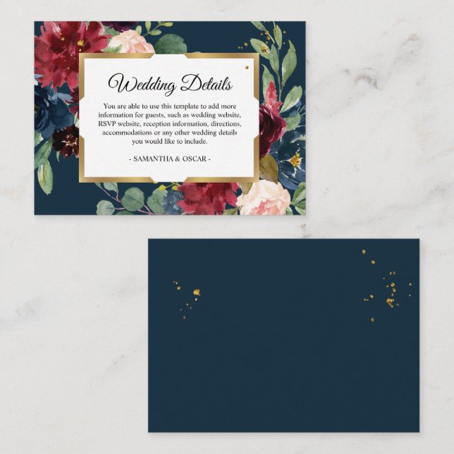 Carte D'accompagnement Rustique Bourgogne Marine Bleu & Rouge Floral Gold (Devant / Derrière)