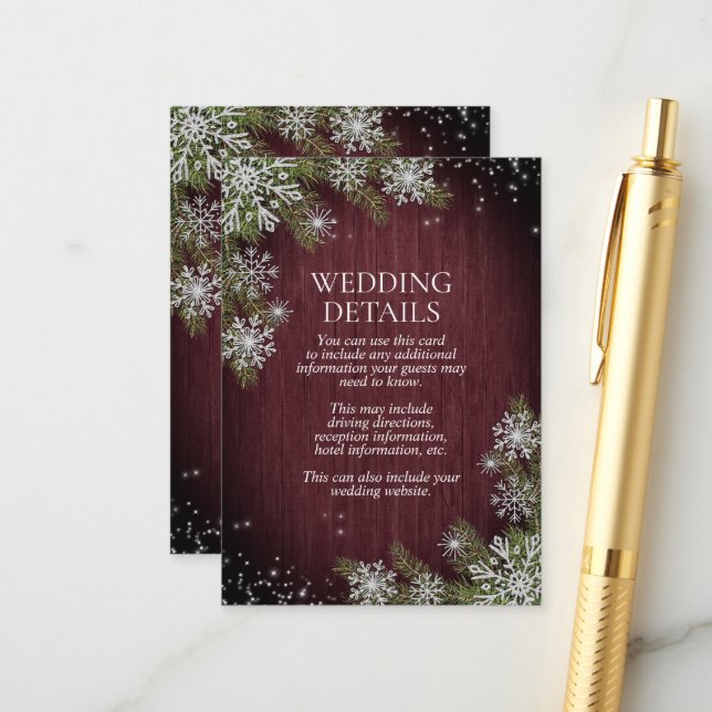 Carte D'accompagnement Rustique Bourgogne Silver Winter Wood Détails (Devant/Arrière en situation)