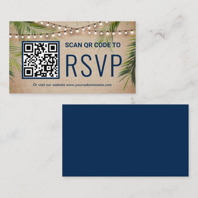 Carte D'accompagnement Rustique Burlap Tropical Palm QR Code RSVP Mariage (Devant / Derrière)