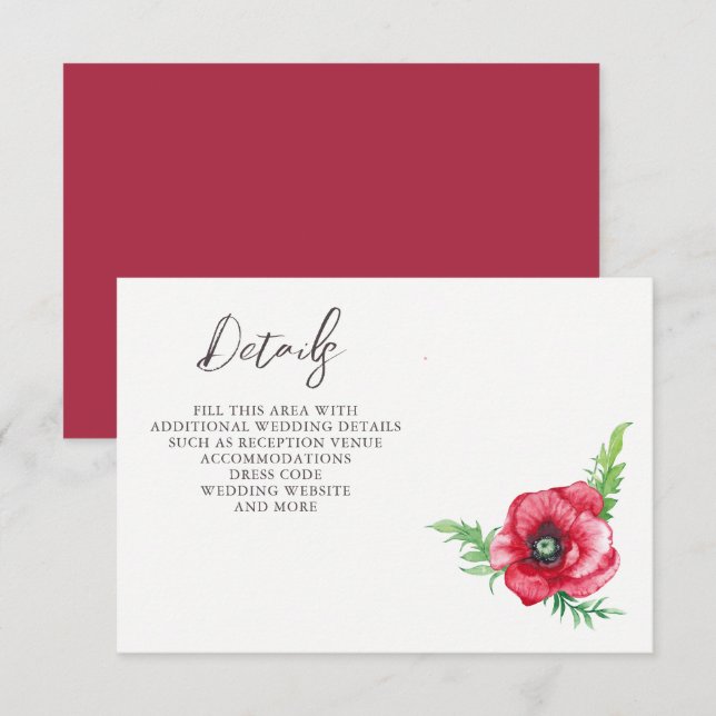 Carte D'accompagnement Rustique Elegant Aquarelle Script Red Poppy Mariag (Devant / Derrière)