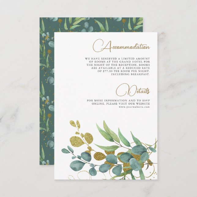 Carte D'accompagnement Rustique Eucalyptus Gold Branch Détails du Mariage (Devant / Derrière)